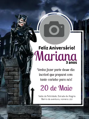 Convite Aniversário Mulher Gato com Foto para Editar Online