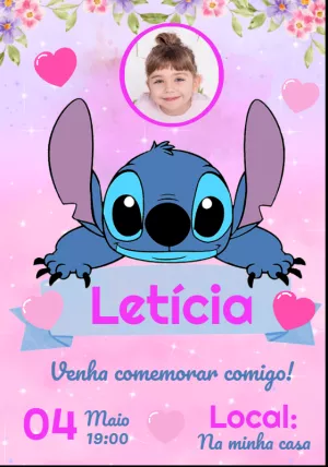 Convite Aniversário Stitch Rosa com Foto para Editar Online