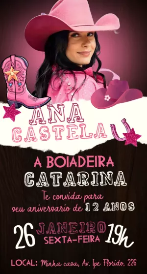 Convite Aniversário Boiadeira Rosa para Editar Online