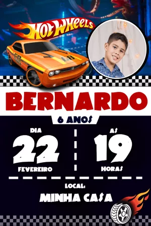 Convite de Aniversário Hot Wheels com Foto para Editar Online