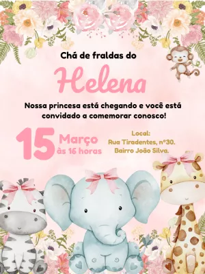 Convite Chá de Bebê Safari Rosa com Animais para Editar Online