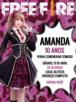 Convite Aniversário Free Fire Feminino para Editar Online