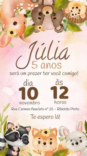 Convite Aniversário Bosque Encantado com Animais para Editar