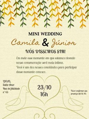 Convite Mini Wedding Rústico com Folhas para Editar Online