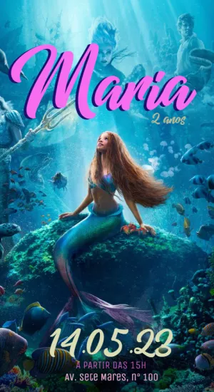 Convite Aniversário Pequena Sereia Realista para Editar Online