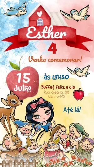 Convite de Aniversário Branca de Neve com Personagens para Editar
