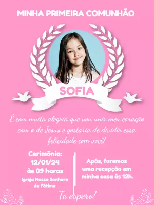 Convite de Primeira Comunhão Rosa com Foto para Editar Online