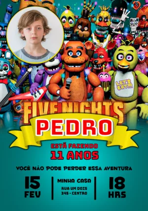 Convite Aniversário Five Nights at Freddy's com Foto para Editar