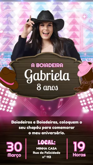 Convite de Aniversário Boiadeira com Foto para Editar Online