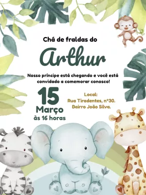 Convite Chá de Bebê Safari com Animais Fofos para Editar Online