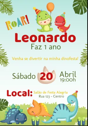 Convite Aniversário Dinossauro Baby Fofo para Editar Online