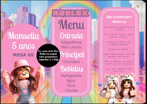 Menu de Aniversário Roblox Rosa para Editar e Imprimir