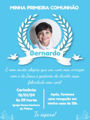 Convite Primeira Comunhão Azul com Foto para Editar Online