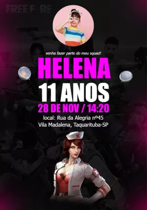 Convite Aniversário Free Fire para Menina com Foto para Editar
