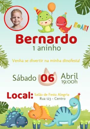 Convite Aniversário Dino Baby com Foto para Editar Online