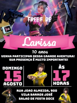 Convite Aniversário Free Fire Rosa para Editar Online