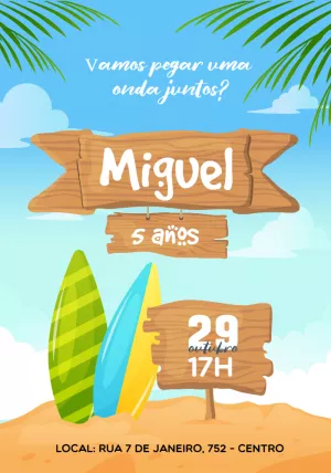 Convite Aniversário Surf Praia para Editar Online e Imprimir