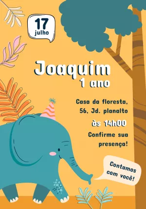 Convite de Aniversário Elefante na Selva para Editar Online