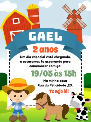 Convite Aniversário Fazendinha com Animais para Editar Online