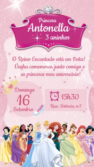 Convite de Aniversário Princesas Disney para Editar Online