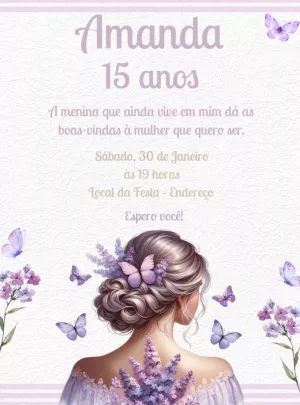 Convite 15 anos Lilás com Borboletas para Editar Online