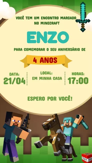 Convite de Aniversário Minecraft com Personagens para Editar