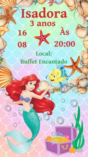 Convite Aniversário Sereia Ariel para Editar Online