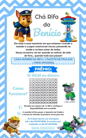 Convite Chá Rifa Patrulha Canina para Menino Editável Online