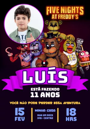 Convite Aniversário Five Nights at Freddy's com Foto para Editar