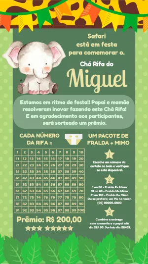 Convite Chá Rifa Elefantinho Safari para Editar e Enviar