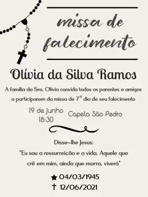 Convite Missa de Falecimento com Terço para Editar Online