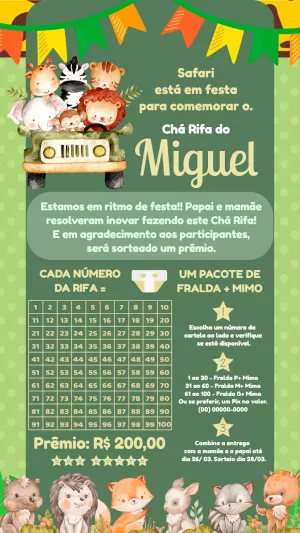 Convite Chá Rifa Safari com Animais para Editar Online