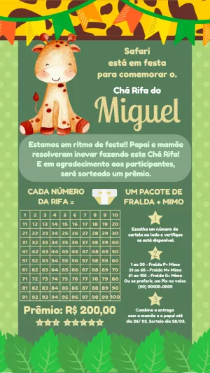 Convite Chá Rifa Safari Girafinha Editável Online
