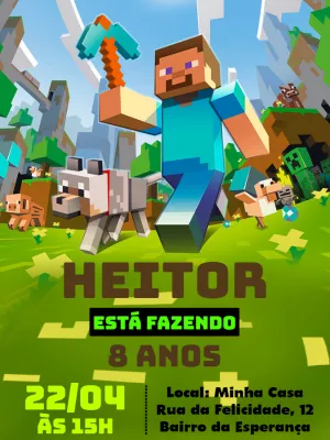 Convite de Aniversário Minecraft com Personagens para Editar