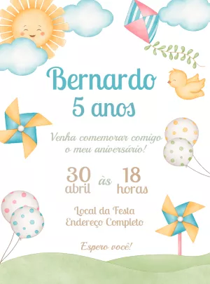 Convite Aniversário Pipa e Cata Vento para Editar Online