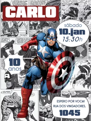 Convite Aniversário Capitão América Quadrinhos para Editar