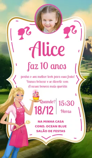 Convite de Aniversário Barbie com Foto para Editar Online