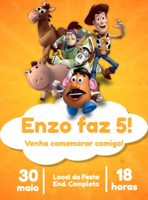 Convite Aniversário Toy Story com Personagens para Editar Online