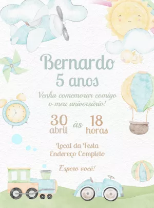 Convite Aniversário Meios de Transporte Aquarela para Editar