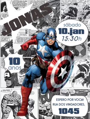 Convite Aniversário Capitão América Quadrinhos para Editar