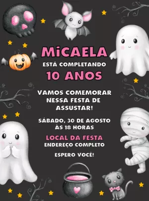 Convite Aniversário Halloween com Personagens Fofos para Editar