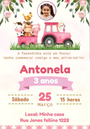 Convite Aniversário Fazendinha Rosa com Foto para Editar Online