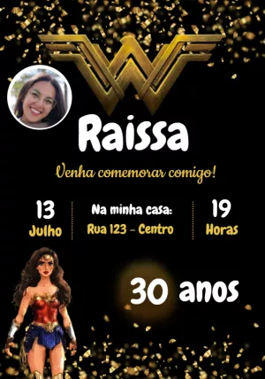 Convite Aniversário Mulher Maravilha com Foto para Editar Online