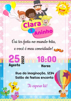 Convite Aniversário Mundo Bita com Personagens para Editar