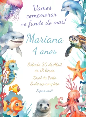 Convite Aniversário Fundo do Mar com Animais para Editar Online