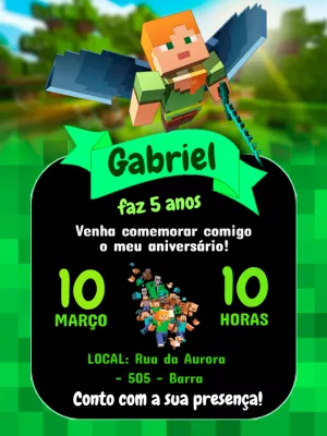 Convite de Aniversário Minecraft com Personagens para Editar