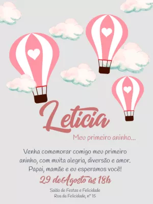 Convite de Aniversário Balão Rosa para Editar Online