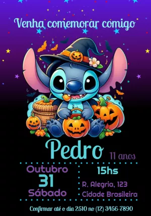 Convite Aniversário Halloween do Stitch para Editar Online