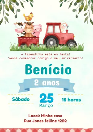 Convite Aniversário Fazendinha com Animais para Editar Online
