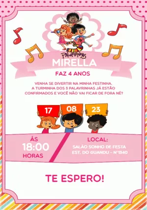 Convite Aniversário 3 Palavrinhas Menina para Editar Online